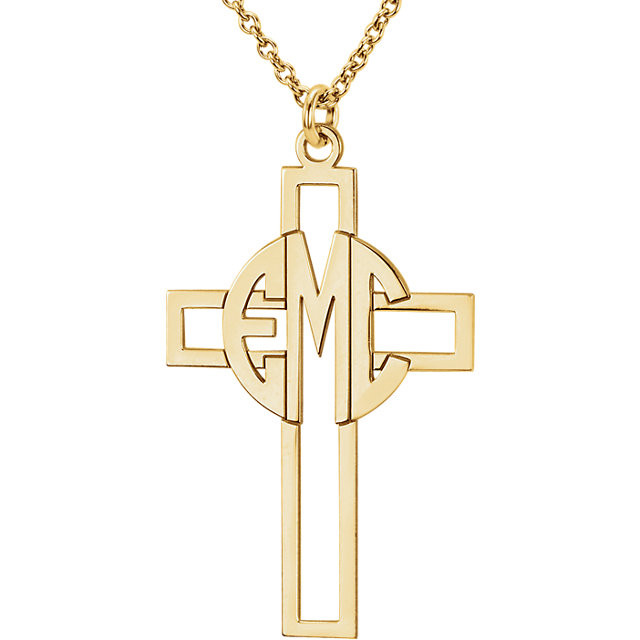 Make your faith personal with this stylish monogram fashion pendant. Created in warm 14K gold, this cut-out cross pendant can be customized with the three initials of your choice, sculpted in a bold block monogram font. Enter the initials in the order you would like them, left to right (the center initial will be larger as shown.) Polished to a bright shine, the pendant suspends along an 16.0 or 18.0-inch rope chain that secures with a spring-ring clasp.