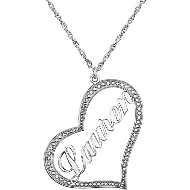 Make her day with a charming 14K white gold open heart pendant customized just for her. Perfect for everyday wear, her name, up to eight characters in length, is beautifully written in script-style letters diagonally across the center. The heart itself features a dotted border for extra shine. Designed to hang close to her heart, this style suspends from a 16.0 or 18.0-inch rope chain and secures with a spring-ring clasp. 14k white gold nameplate pendant approximately 30.0x33.0 millimeters.