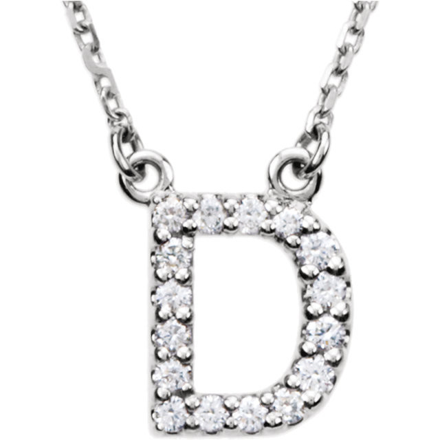 The letter "D" Diamond charm suspended from a delicate 16" diamond cut cable chain creates a personalized necklace in 14K Gold. Sparkling with 1/6 ct. t.w. of diamonds and a bright polished shine.
