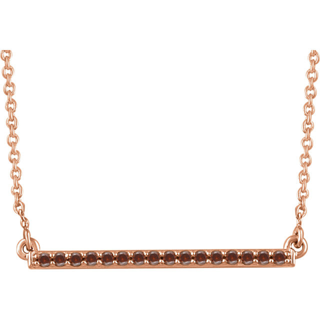 Raise the fashion bar with this elegant and eye-catching necklace. Expertly crafted In 14K rose gold, this straight bar-shaped design features shimmering sparkling diamonds. A simple-yet-sophisticated look she's certain to adore, this necklace captivates with 1/6 ct. t.w. of diamonds and a polished shine. The look suspends centered along an 18.00-inch chain that secures with a spring ring clasp.