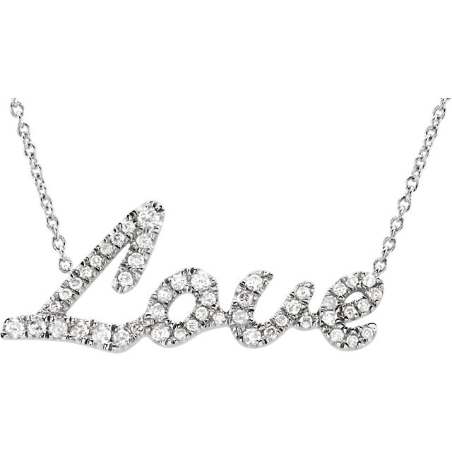 A necklace full of love for your wife, girlfriend, mom, or daughter. Cast in 14K white gold, the word love is covered with 49 full cut white diamonds. The diamonds range in sizes of .80mm - 1.30mm in diameter for a total carat weight of 1/5 ct.The Love pendant measures 24.5mm wide x 10.2mm high and hangs from an 18" white gold cable chain.The perfect gift for any holiday!