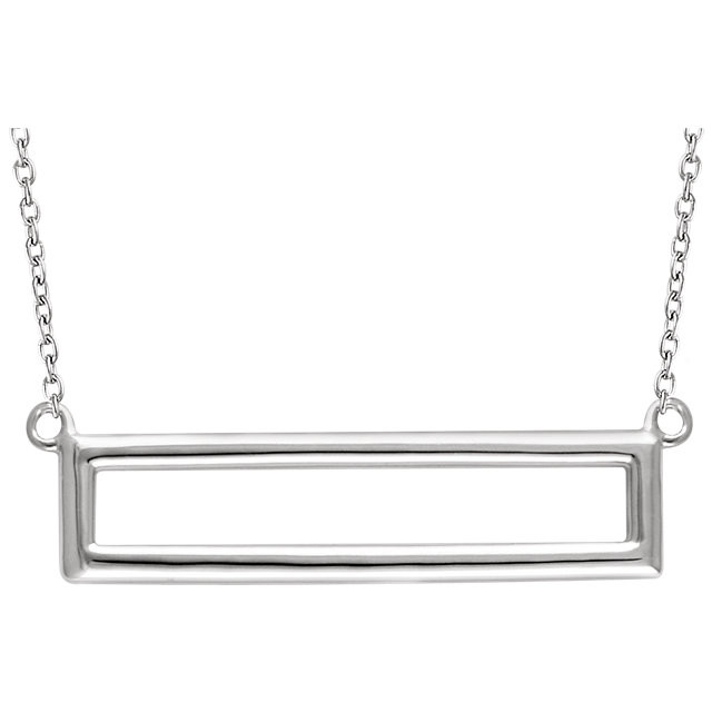 This trendy pendant features a 14k gold rectangle bar that is 7.40mm in length and 29.15mm in width. Pendant is displayed on a 16- 18inch 14k gold cable chain.