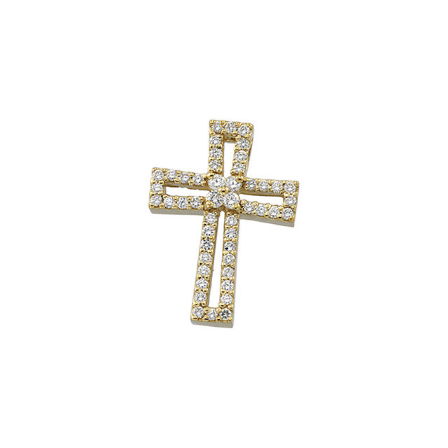 A simple cross makes the perfect gift for a wedding or confirmation. Pendant is crafted in 14k yellow gold while round-cut diamonds (.52 ct. t.w.) cover the surface. Polished to a brilliant shine.