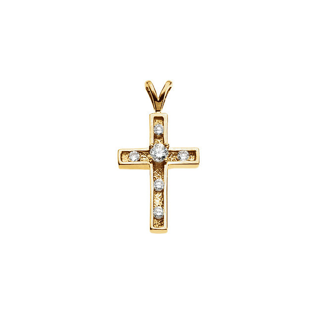 Simple and stylish, this cross pendant is a sparkling reflection of your faith. Crafted in 14K gold, this traditional design is outlined with shimmering diamonds that catch and reflect the light with every turn. This cross sparkles with .32 ct. t.w. of diamonds and a bright polished shine.