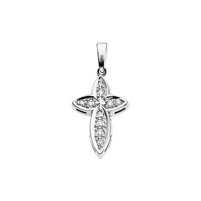 The perfect combination of sparkle and symbolism. This beautiful style cross pendant shines with the addition of round full cut diamonds (1/5 ct. t.w.) in 14k white gold. Polished to a brilliant shine.