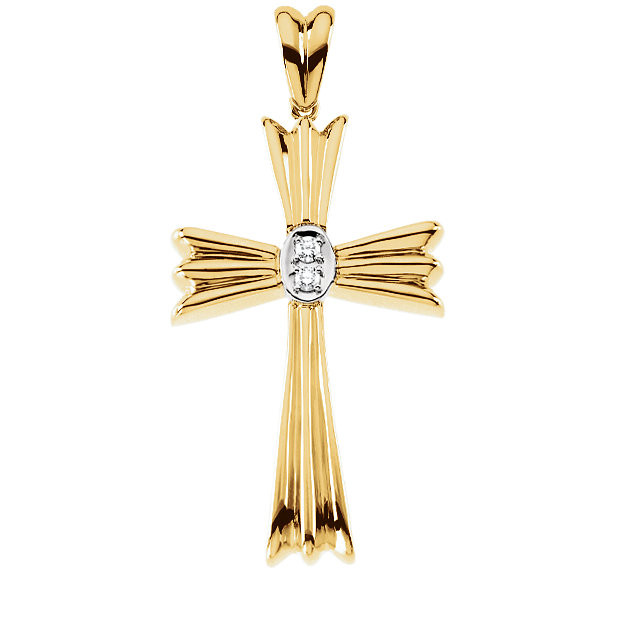 Keep your faith close to your heart by wearing this beautiful religious-style cross pendant featuring 2 round-cut diamonds of G-H color SI clarity. Wonderfully crafted in 14k Yellow Gold this necklace is of .066 total carat weight. Polished to a brilliant shine.