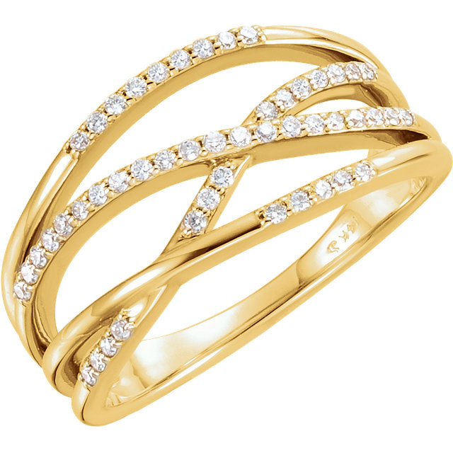 This unique criss cross diamond ring is marvelously crafted in 14k gold. Diamonds are G-H in color and I1 or better in clarity.

With a unique style for her this diamond criss cross ring are unlike any other. Add this fine jewelry item to your collection today.