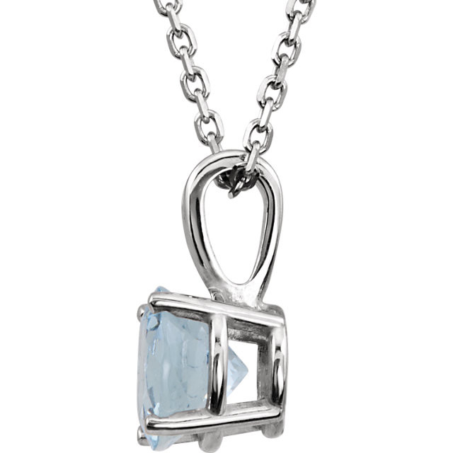 This gorgeous 14K white gold pendant features a 3mm round Genuine Aquamarine beautifully set in a prong setting.

Symbolize your love with this elegant March birthstone pendant!