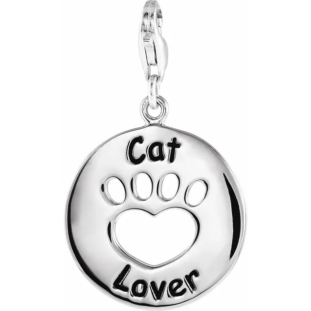 Heart U Back™ Cat Lover Paw Charm In Sterling Silver. The pendant is 19.89mm in size. The Heart U Back Collection of jewelry has been uniquely designed and created to express the heart-warming bond between pet and the pet owner. Polished to a brilliant shine.