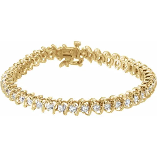 Experience formal elegance in a 3 1/3 ct. t.w. diamond tennis bracelet. This stylish beauty sparkles with round diamonds to marvelous effect. 14kt yellow gold bracelet. 