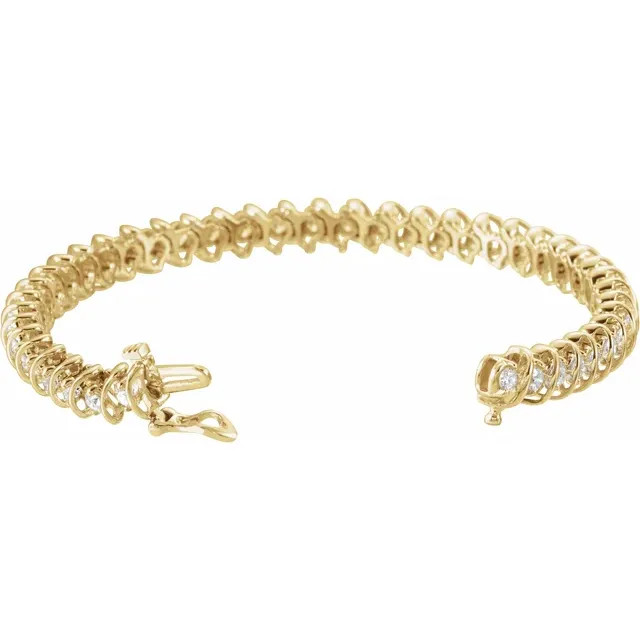 Experience formal elegance in a 3 1/3 ct. t.w. diamond tennis bracelet. This stylish beauty sparkles with round diamonds to marvelous effect. 14kt yellow gold bracelet. 