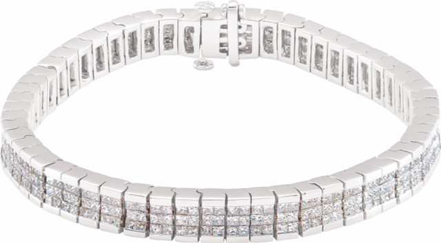 This fabulous 8 3/8 ct. t.w. diamond tennis bracelet is a breathtaking piece that we really love. Sparkling and sensational, it's a classic that features a stream of square princess diamonds so gorgeous that it will have heads turning for a second look. 14kt white gold bracelet. 