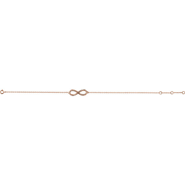 Wonderful modern style is found in this 14Kt rose gold diamond infinity bracelet.