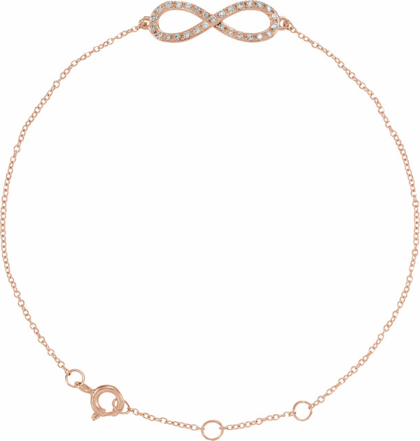 Wonderful modern style is found in this 14Kt rose gold diamond infinity bracelet.