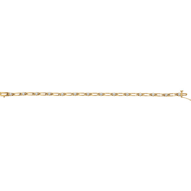Wonderful modern style is found in this 14Kt yellow gold diamond tennis bracelet featuring a total carat weight of 3/4 carats. Total length of the bracelet is 7.25 inches.