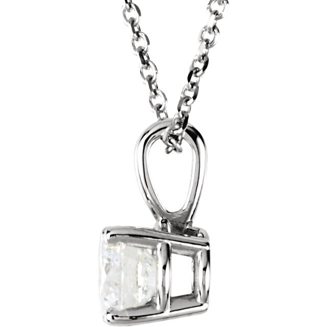 The elegant look of a dazzling solitaire diamond pendant is a jewelry essential in every women's collection. A fiery Round Cut diamond is securely prong set onto a lustrous 14K White Gold setting. The sparkling Round diamond weighs 1/2 ct.(Diamond Color G-H (near colorless), Clarity SI2-SI3) and is suspended in pure elegance on an 18 inch chain.