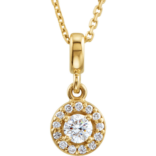 If you want to make a real entrance, don this dramatic diamond pendant necklace. All eyes will be on you and your jeweled d'colletage. You will be instantly transfixed into the one they all want to know even if they are not the actual guest of honor. Set in 14K yellow gold, this pendant is adorned with 1 diamond weighing 1/5 ct. tw.