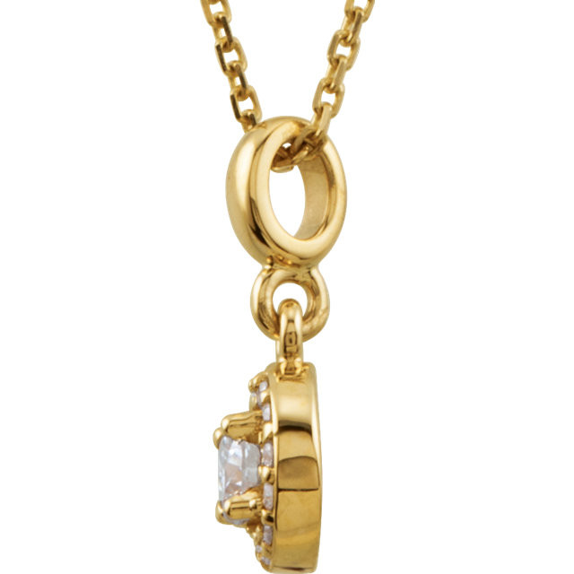 If you want to make a real entrance, don this dramatic diamond pendant necklace. All eyes will be on you and your jeweled d'colletage. You will be instantly transfixed into the one they all want to know even if they are not the actual guest of honor. Set in 14K yellow gold, this pendant is adorned with 1 diamond weighing 1/5 ct. tw.