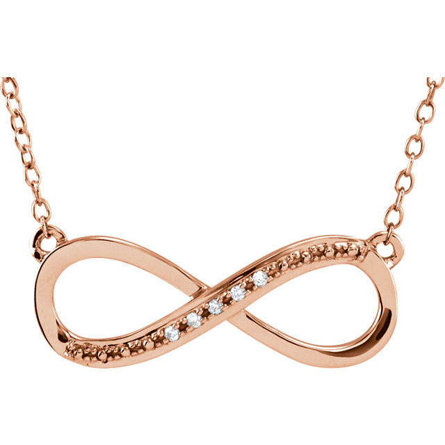 Simple 14k rose gold diamond infinity necklace. Diamonds are an accent in this necklace design, they total .025ct tw. Wonderfully symbolic design means forever, what a loving gift.