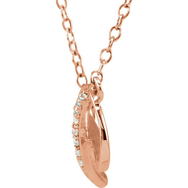 Simple 14k rose gold diamond infinity necklace. Diamonds are an accent in this necklace design, they total .025ct tw. Wonderfully symbolic design means forever, what a loving gift.
