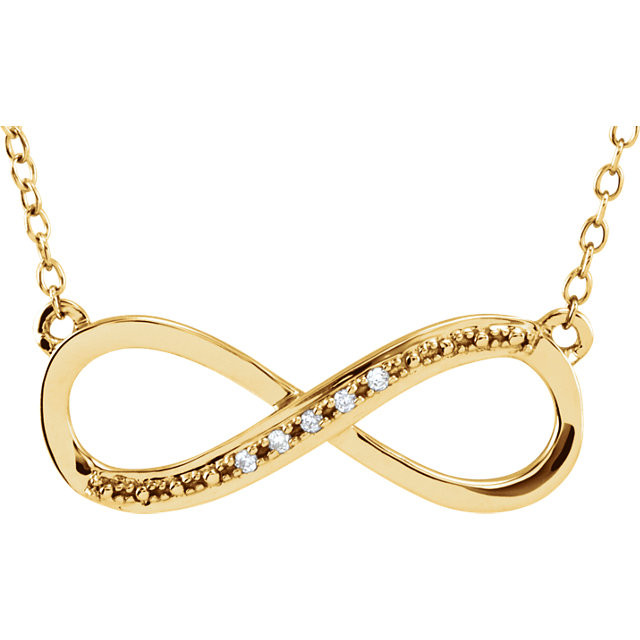 Simple 14k yellow gold diamond infinity necklace. Diamonds are an accent in this necklace design, they total .025ct tw. Wonderfully symbolic design means forever, what a loving gift.
