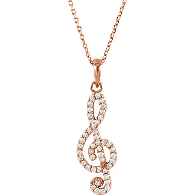 This beautiful 14K Solid Rose Gold Genuine 1/4 ct. tw. Diamonds Treble Clef Style Necklace featuring 1/4 ct tw Round genuine Diamonds. It is set in brightly polished Solid 14K Rose Gold on a Solid Cable Chain. The chain is 16 Inches long x 1.0 mm wide. It is a truly unique and a fantastic choice.