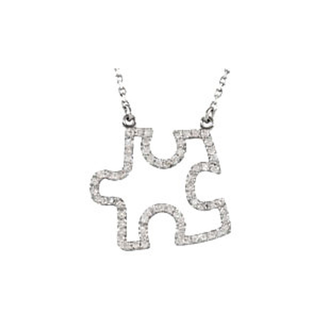 Tell her she is the missing piece in your life with this enchanting necklace. Round diamonds line a single puzzle piece with brilliance. The pendant, crafted in 14k white gold, has a total diamond weight of 1/4 carat. The 16.50-inch diamond cut cable chain is secured with a spring ring clasp.