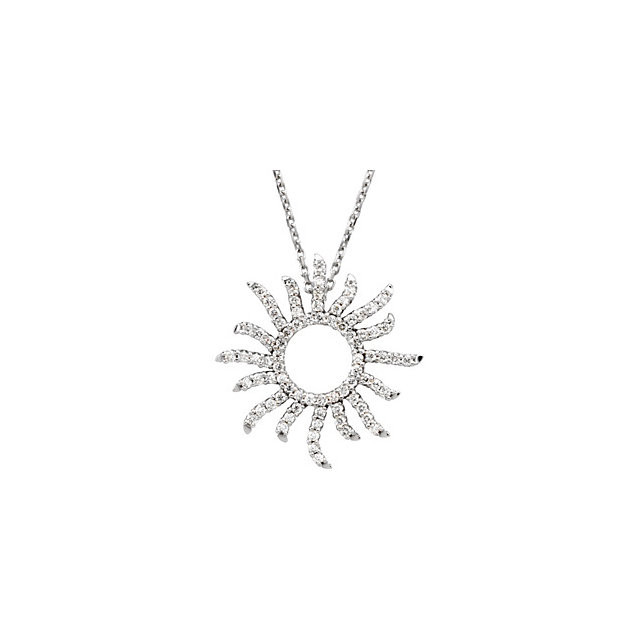 Wonderful 14Kt white gold diamond sun design necklace with a total diamond carat weight of 3/8cts. hanging from a necklace with a length of 16" inches. Total weight of the gold is 3.27 grams. Polished to a brilliant shine.