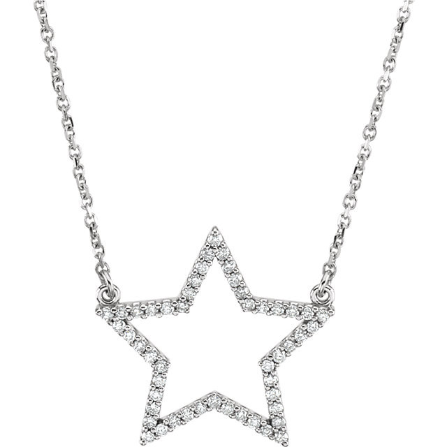 Light up your neckline with this brilliant Star studded necklace! The 3/4 inch pendant made of 14k white gold is adorned with 50 full cut round diamonds and attached to a 16-inch diamond cut cable chain that adds extra sparkle. Total diamond weight is 1/4 carat.