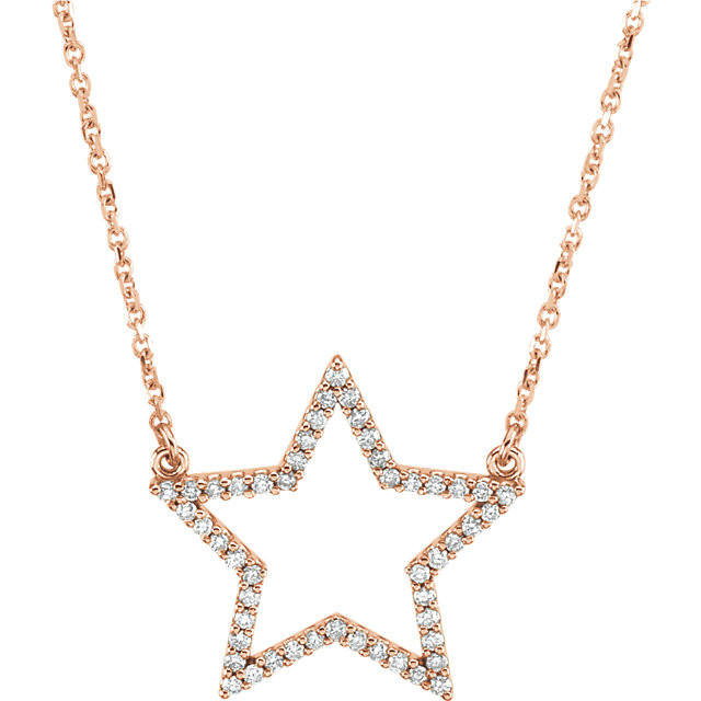 Light up your neckline with this brilliant Star studded necklace! The 3/4 inch pendant made of 14k rose gold is adorned with 50 full cut round diamonds and attached to a 16-inch diamond cut cable chain that adds extra sparkle. Total diamond weight is 1/4 carat.