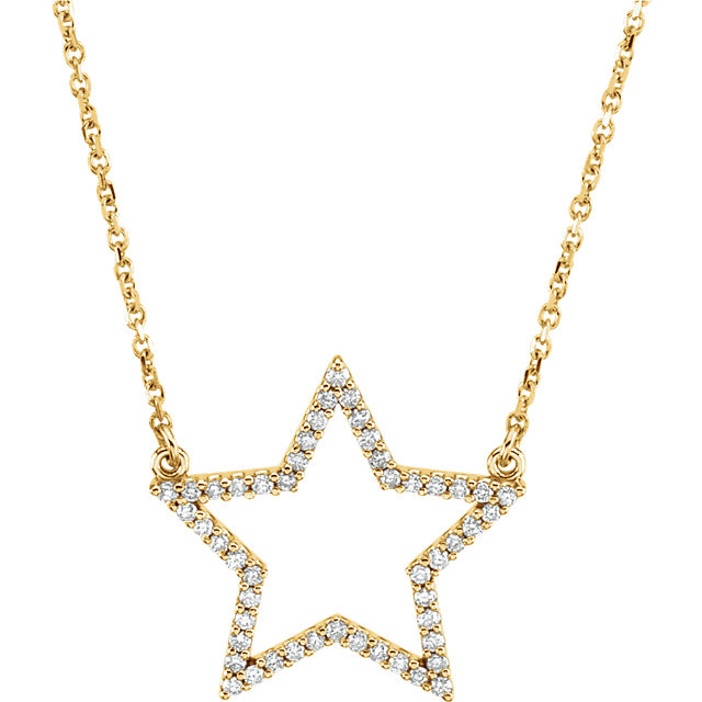 Light up your neckline with this brilliant Star studded necklace! The 3/4 inch pendant made of 14k yellow gold is adorned with 50 full cut round diamonds and attached to a 16-inch diamond cut cable chain that adds extra sparkle. Total diamond weight is 1/4 carat.