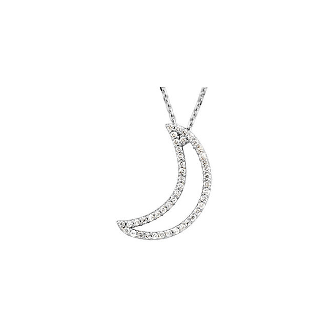 Beautiful 14Kt white gold crescent moon necklace featuring white shimmering diamonds with 1/5 carats of diamonds. Polished to a brilliant shine.