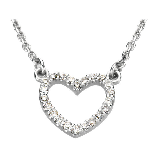 Beautiful 14Kt white gold heart necklace features white shimmering diamonds with 1/8 carats of diamonds hanging from a 16" inch chain which is included. 
