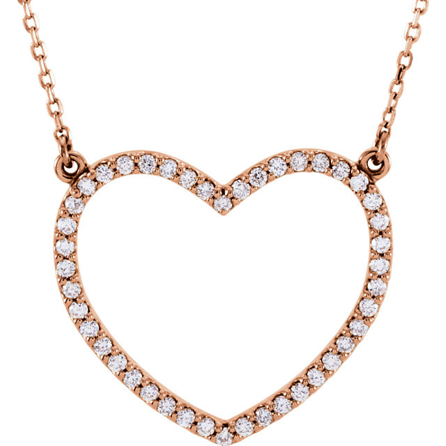 Beautiful 14Kt rose gold heart necklace features white shimmering diamonds with 1/3 carats of diamonds hanging from a 16" inch chain which is included.