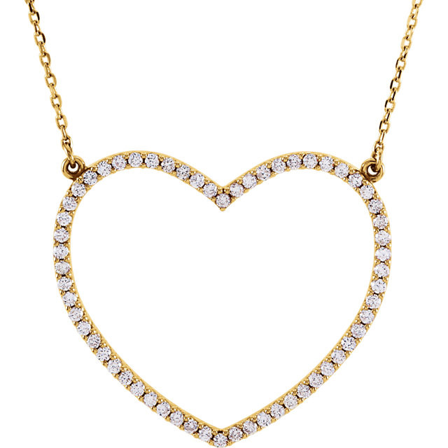 Beautiful 14Kt yellow gold heart necklace features white shimmering diamonds with 1/2 carats of diamonds hanging from a 16" inch chain which is included.