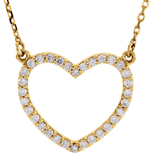 Beautiful 14Kt yellow gold heart necklace features white shimmering diamonds with 1/4 carats of diamonds hanging from a 16" inch chain which is included.