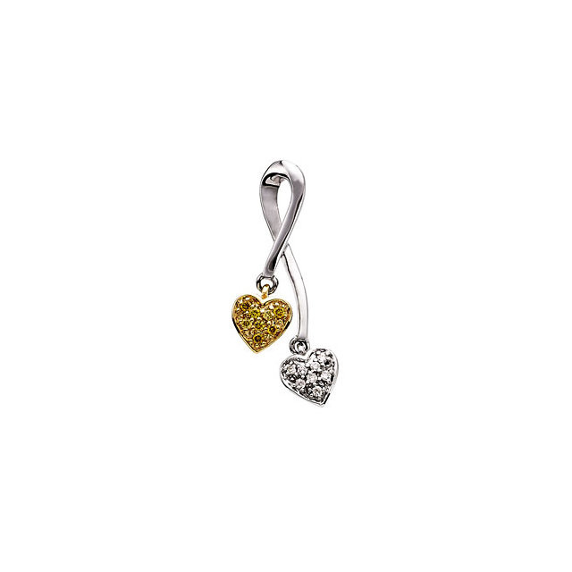 Beautiful 14Kt white/yellow gold double heart 18" rope chain with an array of white and natural yellow diamonds displayed with delight. Total weight of the diamonds is .08 cts. Total weight of the gold is 1.67 grams.