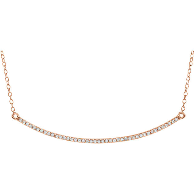 Beautiful 14k rose gold diamond bar necklace hanging from a 16-18" inch chain which is included. Polished to a brilliant shine.