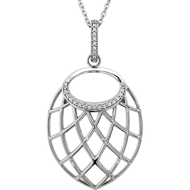 Beautiful 14Kt white gold necklace features a unique design with white shimmering diamonds hanging from a 18" inch chain which is included. 