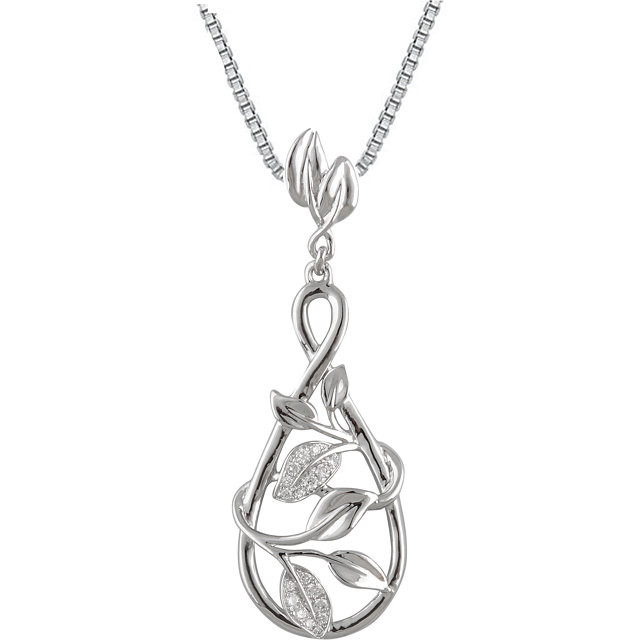 Beautiful 14Kt white gold leaf design necklace features white shimmering diamonds with 1/10 carats of diamonds hanging from a 18" inch chain which is included.
