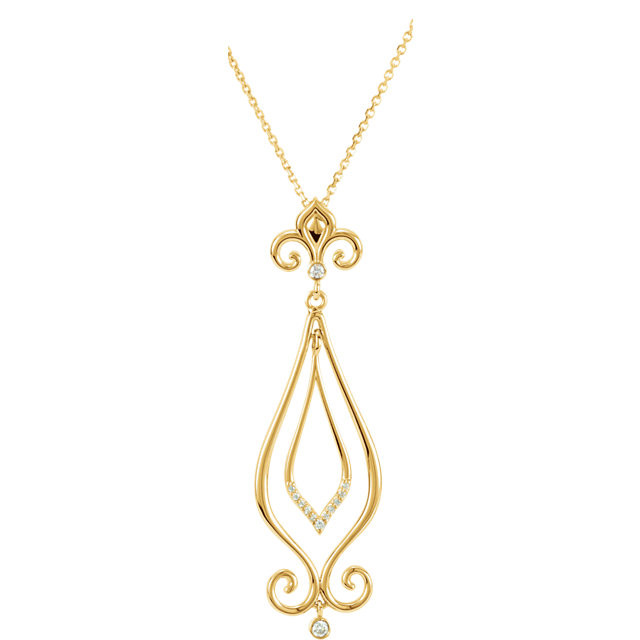 Beautiful 14Kt yellow gold Fleur-De-Lis necklace features white shimmering diamonds with .08 carats of diamonds hanging from a 18" inch chain which is included.