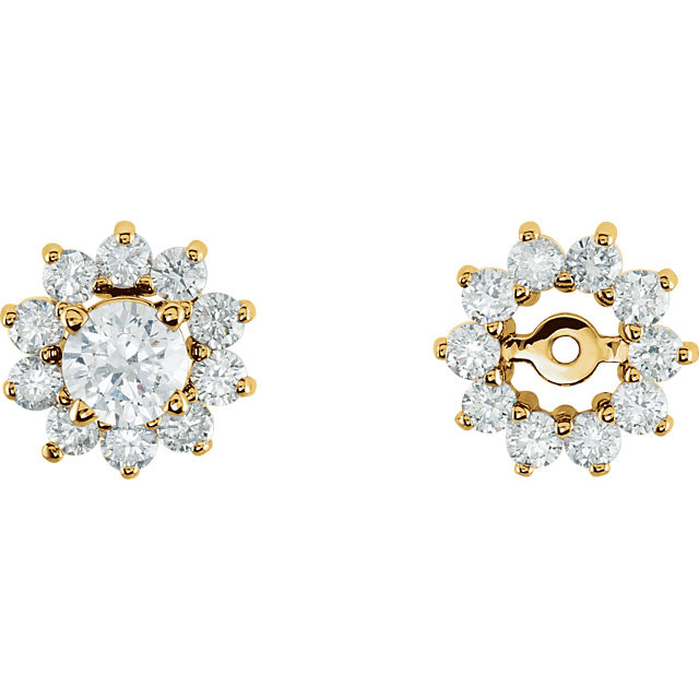 Dress up your favorite solitaire stud earrings with a halo of diamonds with this glittering pair of earring jackets. Simply place the post of your own earring through the center hole in the earring jacket to create a fresh new look.

Each earring is set with 10 prong-set round diamonds in a jacket crafted of 14k yellow gold. Diamonds are rated G-H for color, I1 for clarity, with a total 5/8 carat weight. Earrings are a size 10.50mm and a bright polish to shine.

Studs are not included.
