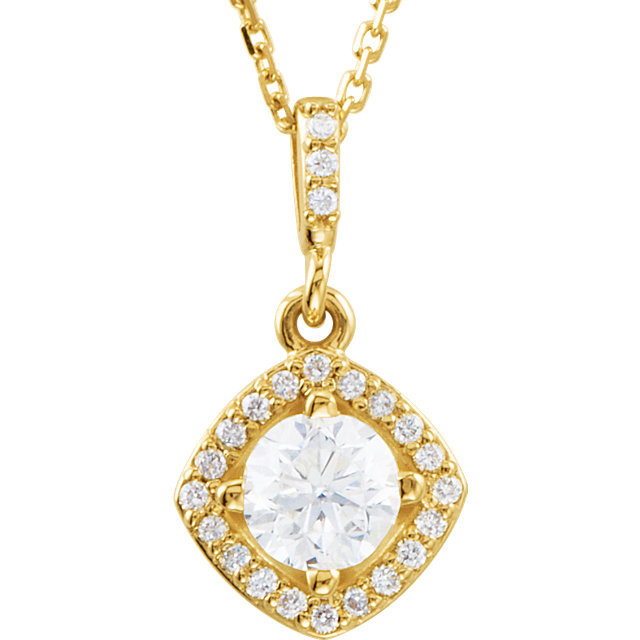 An impressive round diamond framed in additional round diamonds is the focal point of this extraordinary necklace for her. The pendant, fashioned in 14K yellow gold, is suspended from an 18-inch chain secured with a spring ring clasp. The total diamond weight is 5/8 carats.