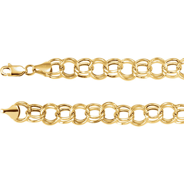 Fashioned with polished 14K yellow gold, this 7.25" double link charm bracelet features solid links and measures 5.7mm in width.