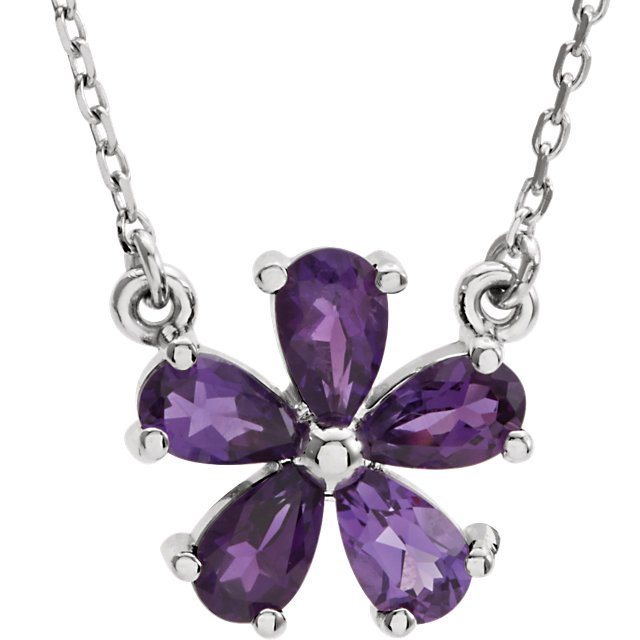 This 14k white gold necklace features an 05.00x03.00mm pear genuine amethyst gemstone and has a bright polish to shine. An 16 inch 14k white gold solid diamond cut cable chain is included.