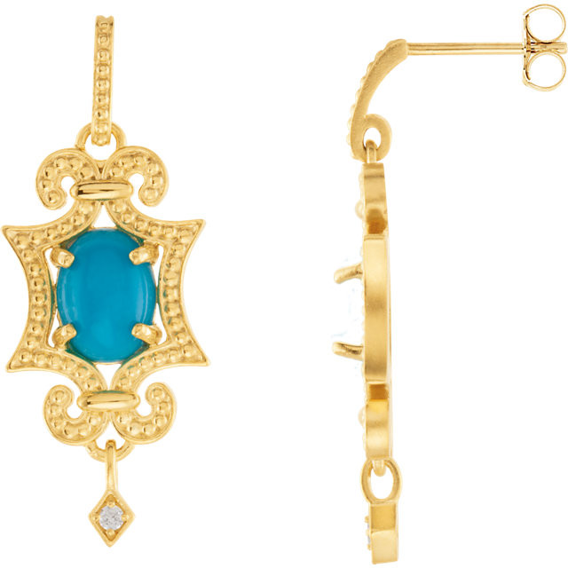 Exquisite 14Kt yellow gold earrings capturing the beauty of genuine turquoise and white shimmering diamonds.