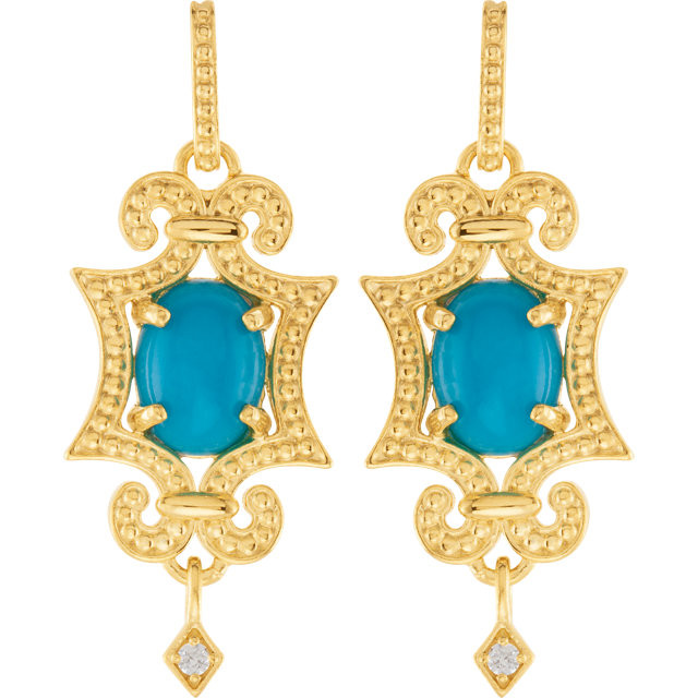 Exquisite 14Kt yellow gold earrings capturing the beauty of genuine turquoise and white shimmering diamonds.