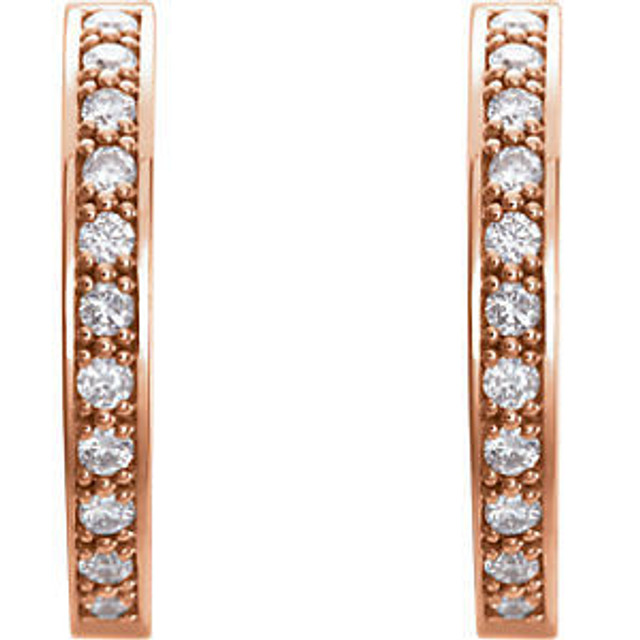 In each earring, twenty brilliant diamonds are prong-set in 14k rose gold for a continuous band of brilliance around each hoop.