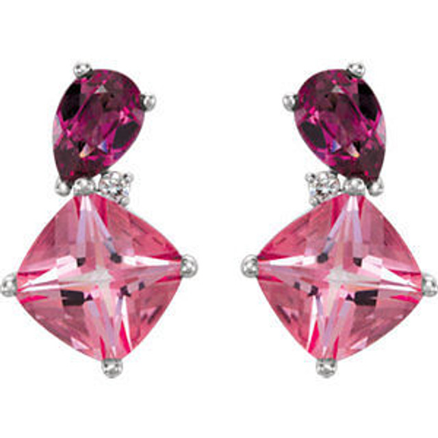 Beautiful multi shape earrings featuring gorgeous Garnet Rhodolite and Topaz Passion gemstones. Diamonds are G-H in color and SI2-SI3 or better in clarity. Polished to a brilliant shine. 