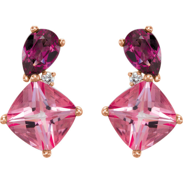 Beautiful multi shape earrings featuring gorgeous Garnet Rhodolite and Topaz Passion gemstones. Diamonds are G-H in color and I1 or better in clarity. Polished to a brilliant shine. 